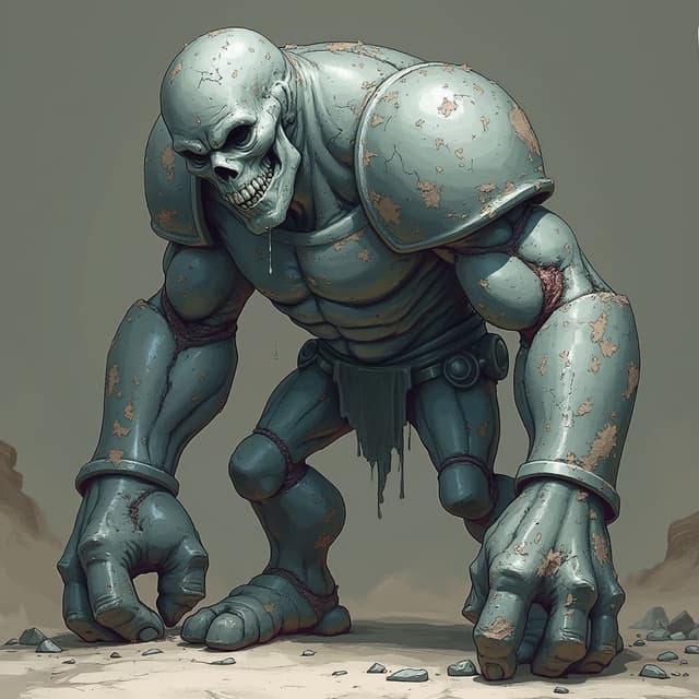 crea a un golem plateado molesto con brazos largos que llegan al suelo, en una pose dinamico con un estilo de dibujo