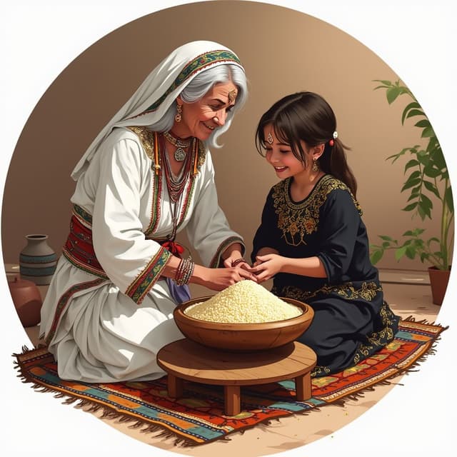 Design a vector art round logo of a slightly smiling traditional Amazigh grandmother and her 10 years old smiling granddaughter sitting on the ground, making couscous together. The grandmother, wearing white Amazigh clothing with red and orange and green and blue details and many traditional Amazigh jewelry on her forehead and on her wrists and with grey hair with nothing covering her grey hair, is actively preparing couscous with her hands in a single very big flat and ancient simplified wooden container with amazigh details all around the container on a round brown traditional wooden table with three short legs and a white big napkin on it falling from the sides of the table and a big amazigh traditional colorful rectangular carpet. Beside her, very close to her, her dark brown hair granddaughter dressed in a traditional amazigh black clothes with intricate golden details and light Amazigh jewelry on her face and the other hand is holding a traditional mudd jar of water, is helping in a playful yet respectful manner. The couscous on the table is depicted in vivid detail, highlighting its texture and richness, but with minimal additional elements around it.