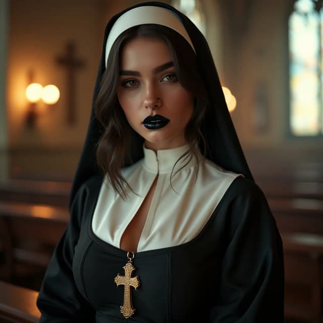photorealistic image of a sexy gorgeous young brunette woman in a sexy nun outfit, huge breasts and showing cleavage,  black lips, nose piercing,  posing for the camera.  Dark ambient church background. Full body view.