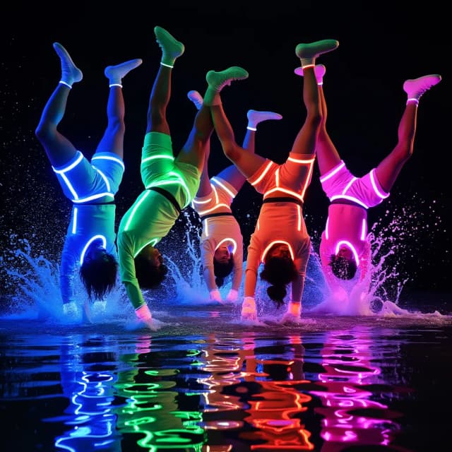 Break dancers in dynamic poses, water splashes, wearing glowing neon clothes that pulse with vibrant colors like electric blue, neon green, and hot pink. The dancers are frozen in mid-movement, performing impressive spins, flips, and freezes against a black background. Beneath them, the floor is a reflective, rippling surface of water, mirroring their glowing forms and exaggerated movements. The neon lights from their clothes cast soft, colorful reflections on the water, creating a striking contrast with the dark surroundings. The scene feels electric and energetic, with every ripple in the water adding to the sense of motion and rhythm.