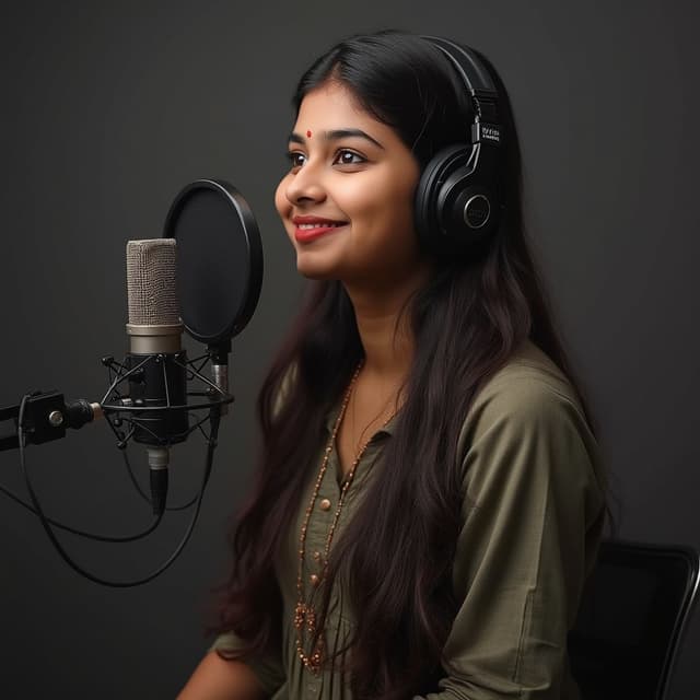 A Young telugu girl age 20 that can recorded a Podcast in studio like speaking on mic and also there background dark gray but having some different key light in there studio, olive kurthi, she has long hair, (give me its side pose)