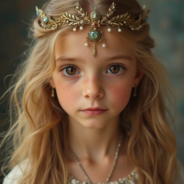 A girls with brown eyes golden hairs looks like princess