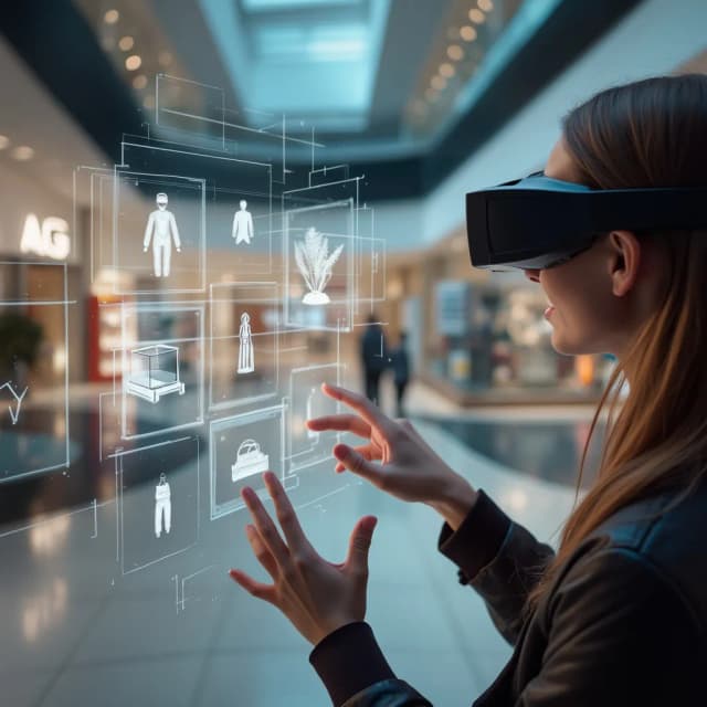 A person wearing AR glasses interacting with a floating 3D shopping catalog inside a futuristic mall, selecting virtual items with hand gestures.