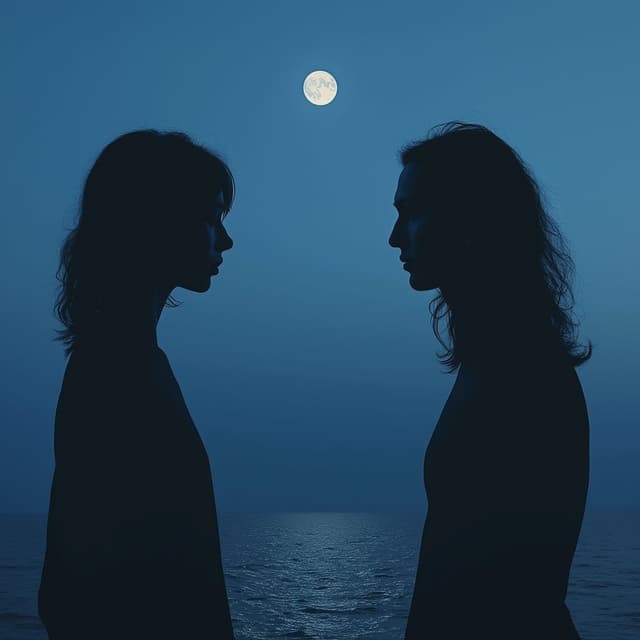 Create a surreal, minimalist scene featuring two silhouette figures facing each other against a serene, vast ocean under a twilight blue sky. A faint, glowing moon hovers above, adding a sense of mystique and introspection. The composition should convey themes of duality, contrast, and unity.”