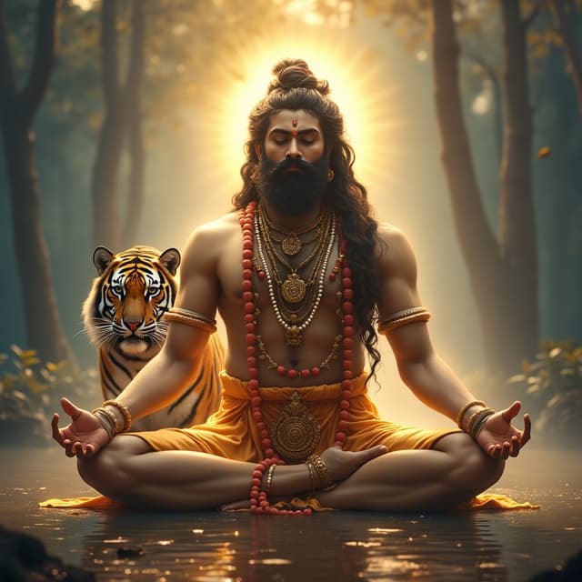 "A divine depiction of Lord Ayyappan seated in a yogic posture, his right leg folded over the left, pressing gently on the abdomen. His back is straight, and his hands rest on his knees in a meditative mudra. Radiant golden light surrounds him, highlighting his serene expression. Behind him, a majestic tiger sits peacefully, symbolizing strength and divine guardianship. The background features a tranquil forest with a faint glow of celestial light, creating a divine and peaceful atmosphere."