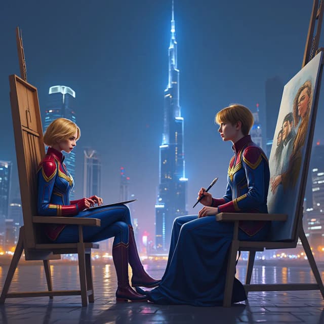 Captain Marvel in Dubai, UAE – “Light Yagami”
Create a captivating scene where Captain Marvel is sitting on a chair on the iconic streets of Dubai, UAE, fully dressed in her cosmic blue, red, and gold uniform, glowing faintly with stellar energy, completely focused on painting a stunning portrait of Light Yagami. The vibrant energy of Dubai pulses around her—whether it’s the buzz of luxury cars or the scent of oud in the air. Towering behind her, the majestic presence of the Burj Khalifa dominates the skyline, adding grandeur to the setting and grounding the scene in the heart of the city's identity. As Captain Marvel calmly holds a paintbrush, carefully bringing her own unique take on “Light Yagami” from Death Note to life, the contrast between cosmic power and calculated villainy electrifies the scene.
“Light Yagami” is painted seated in a high-backed chair, holding the Death Note in one hand, a gleam of ambition in his eyes. His school uniform is crisp, his auburn hair neatly styled, and the shadows behind him subtly form the image of Ryuk. The city hums with life—distant club beats, fountains dancing in front of the Burj, and skyscrapers glowing blue—yet all focus narrows to the portrait taking form in starlight strokes.