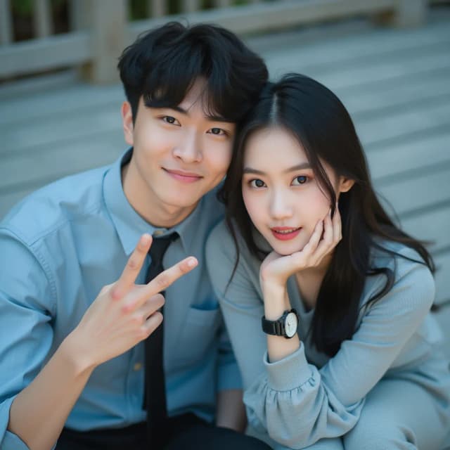 Raw photography 4D, extremely detailed and realistic, A close-up, slightly impressionistic portrait of a young man and beautiful woman. The Asian handsome man, with dark hair and a light blue button-down shirt and dark tie, is on the left, and appears to be making a peace sign with his left hand. He has a pleasant expression. The woman, with dark hair and a light gray/blue long-sleeved top and pants, is seated next to him. She has a delicate expression and is resting her right hand on her chin, while wearing a watch. Both are looking at the camera. The setting appears to be outdoors, on a lightly shaded wooden deck or patio. Soft, diffused daylight illuminates the scene, creating a warm, slightly pastel aesthetic. The background is out-of-focus, slightly blurred, and a pastel blue-grey. The image has a gentle, romantic feel. The focus is on the subjects' faces and the interaction between them.