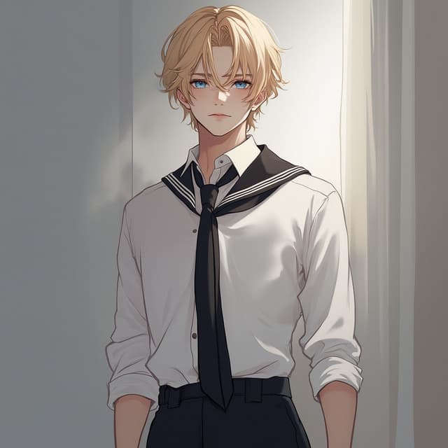 male + wolf-cut blonde hair + slightly masculine + blue siren eyes + human + mocachino skin color + 8k quality + white button up shirt + black tie + black sailor wide pant + pretty and attractive face