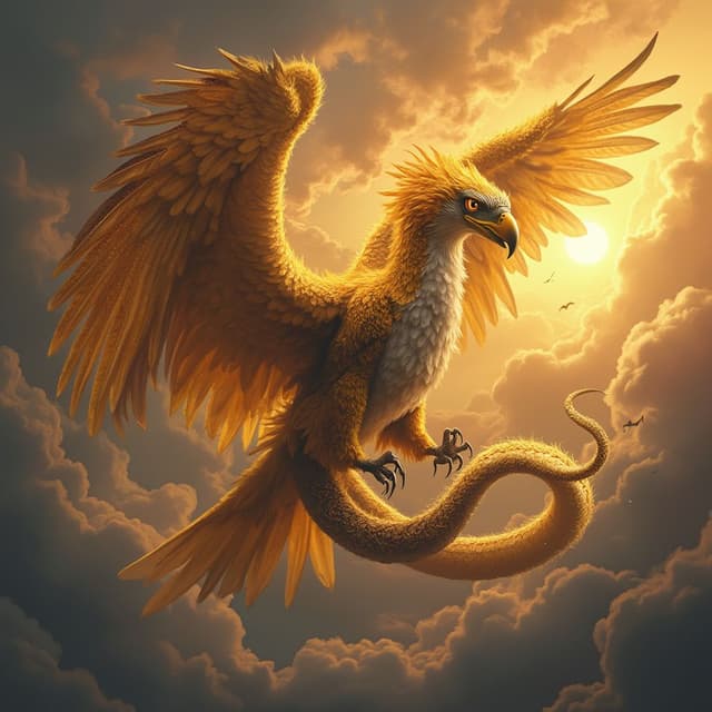 A mythical hybrid of an eagle and a serpent, called the 'Skyfang.' This creature has the body of a snake, covered in golden feathers that shimmer like sunlight, with massive eagle wings extending from its sides. Its head is an intricate blend of a serpent's sharp fangs and an eagle’s fierce beak, with glowing amber eyes that pierce through the skies. The Skyfang coils in mid-air, its powerful wings stirring up a whirlwind. The background is a fiery sunset with storm clouds swirling, symbolizing the union of air and earth into a strange and majestic being.