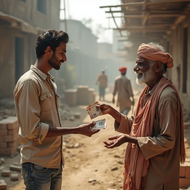 A highly realistic and detailed image of a young Indian man, aged 25-30, dressed in a casual shirt and jeans. He is holding a small bundle of Indian currency notes in one hand and extending them toward an older construction worker in traditional Indian attire, such as a loose kurta and a scarf tied around his head. The older worker is reaching out with a hand to accept the money, standing humbly with a warm smile. The background shows an active Indian construction site with scaffolding, tools, and workers in the distance carrying bricks and cement. The Indian currency notes are accurately sized and proportioned, visible but not exaggerated. The scene is bathed in natural sunlight, creating a warm and authentic ambiance, emphasizing the connection between the two individuals and the hardworking environment. Ensure no deformities in hands, faces, or objects, and maintain photorealistic quality Key Elements Ensured:
Proper cash representation: Described as "small bundle, visible but not exaggerated."
Context and details: Focused on an authentic Indian construction site.
Natural expressions and interactions: Clearly defined gestures and emotions.
Photorealistic quality: Avoids deformities and maintains realism