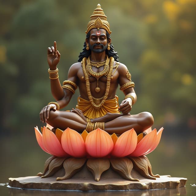 Ayyappan’s left hand in a gesture showing surrender or Sharanaagathi, pointing toward his lotus seat. The lotus symbolizes devotion, and the mudra reflects the philosophy of surrendering to divine grace.