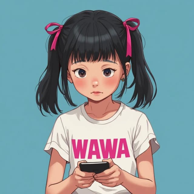 GHIBSKY style, Anime realistic, realism style, Portrait of An 8-year-old girl, rosy-cheeked, with black hair in side ponytails (pink ties) and bangs, sits engrossed in a smartphone game. She wears a white t-shirt with "WAWA" printed in bold pink letters. Her expression is one of focused fun, her fingers actively tapping the screen. Simple Blue background, front view.