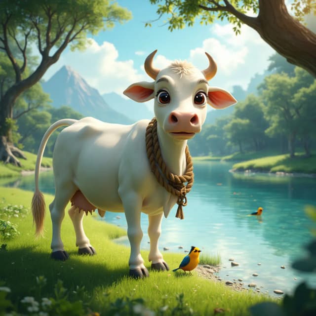 Camera Angle: Wide-angle shot, slightly low angle
Character Prompt:
• Sacred White Cow: A majestic, pure white cow with a serene and compassionate expression. Its large, kind eyes reflect peace and innocence. The cow stands calmly, swishing its tail gently as it grazes on the fresh green grass. A thick rope is tied around its neck, securing it to a sturdy tree.
Background Prompt:
• A lush green field near a crystal-clear river, reflecting the bright blue sky. Small pebbles are visible beneath the shallow water.
• The area is surrounded by a dense forest with tall trees and thick canopies swaying gently in the breeze.
• Distant mountains stretch across the horizon, their peaks faintly covered in mist.
• Small, colorful birds sit on nearby branches, chirping sweetly.
Atmosphere Prompt:
• The air carries a cool and refreshing breeze.
• The gentle sounds of chirping birds and flowing water create a peaceful ambiance.
• The earthy scent of damp soil and fresh grass fills the air.
• Sunlight filters through the trees, casting a warm golden glow on the ground.