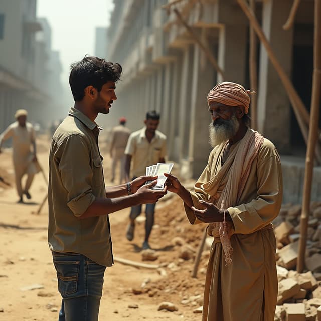 A realistic and lifelike image of a young adult wearing a casual shirt and jeans, holding a bundle of Indian currency notes while paying daily wages to a construction worker in frendly manner. The construction worker, an older man in traditional attire such as a loose kurta and scarf around his head, accepts the money with a humble expression. The background depicts an active construction site, with workers carrying materials, scaffolding, and partially constructed buildings. The setting reflects a typical Indian construction site with earthy tones, dust in the air, and sunlight filtering through the scene. The mood captures a moment of gratitude and hard work, emphasizing the authenticity and simplicity of daily life at a construction site
