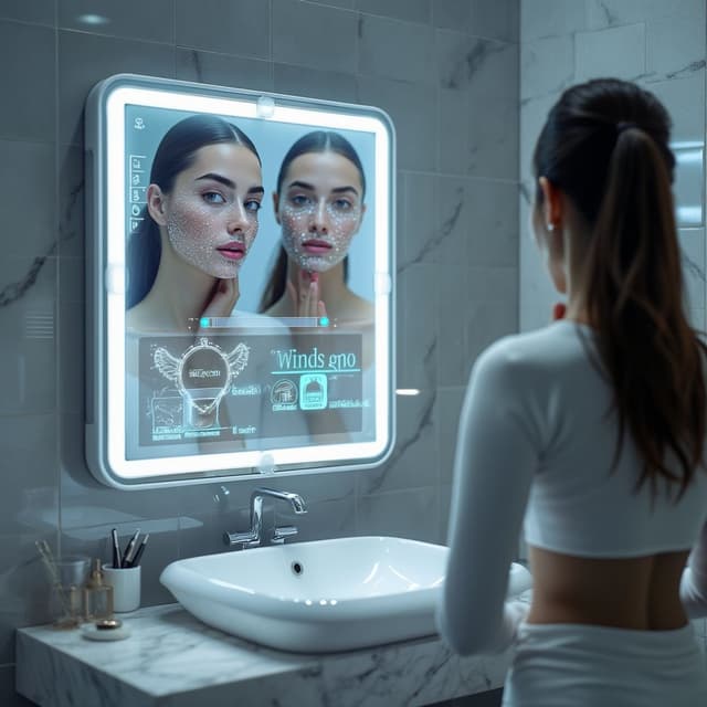A high-tech mirror with glowing displays for skin analysis and virtual makeup previews of a person and their reflection, framed by a clean and futuristic bathroom design.
