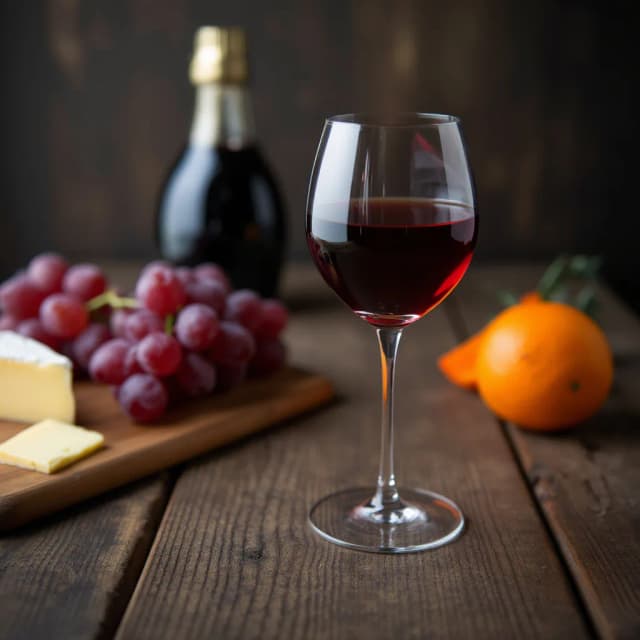 The image shows a glass of red wine on a wooden table. The glass is filled with a deep red liquid and is placed in the center of the table. On the left side of the glass, there is a wooden cutting board with a piece of cheese, a bunch of grapes, and an orange. The background is blurred, but it appears to be a rustic wooden table with a dark and moody atmosphere. The overall mood of the image is cozy and inviting.