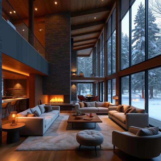 Living room
A double-height ceiling living room with a large, floor-to-ceiling window on one side log cabin. Outside is a dark snow-covered landscape. The living area is furnished with plush, contemporary sofas and chairs in neutral tones, grouped around a low, central coffee table. The room's color palette is composed of dark brown and warm tones, with the soft lighting from various lamps adding a cozy ambiance.