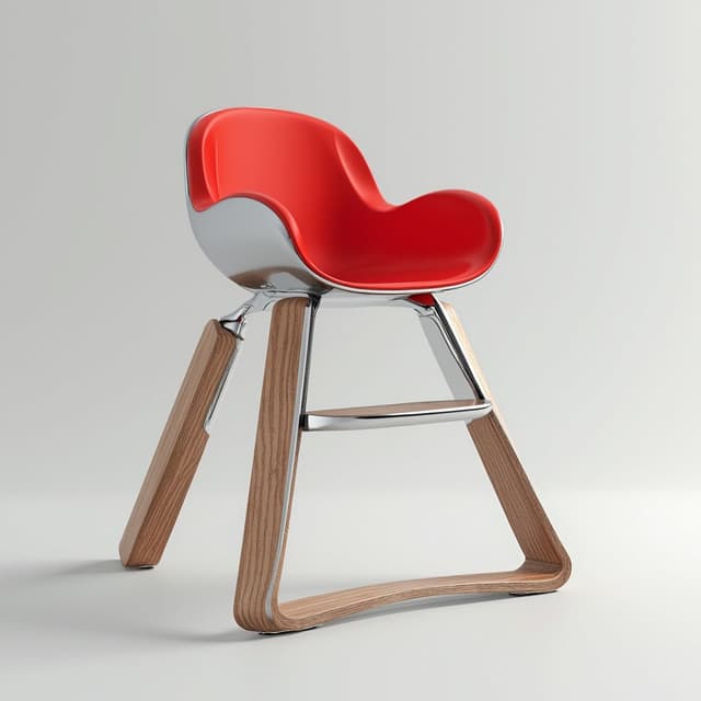 Here's an image prompt applying a wooden texture to the legs of the high chair:
"Contemporary High Chair Concept - A sleek, minimalist high chair featuring a vibrant red seat and backrest. The design is supported by a sturdy silver metal frame with a unique triangular base, now adorned with a warm wooden texture. Set against a clean white background, this futuristic piece of baby furniture seamlessly blends functionality with modern aesthetics, creating a striking visual contrast while highlighting the elegant simplicity of its geometric forms and adding a touch of natural warmth to its industrial design."
