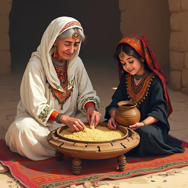 Design an ultra realistic vector art illustration of a slightly smiling traditional Amazigh grandmother and her ten years old smiling granddaughter sitting on the ground, making couscous together. The grandmother, wearing white Amazigh clothing with red and orange and green and blue details and many traditional Amazigh jewelry on her face and hands and neck and on her forehead and with not covered grey hair, is actively preparing couscous with her hands in a single very big flat and ancient simplified flat wooden container with amazigh details all around the container on a round brown traditional wooden table with four short legs and a white big napkin on it falling from the sides of the table and a big amazigh traditional colorful rectangular carpet. Beside her, very close to her, her dark brown hair granddaughter dressed in a traditional amazigh black clothes with just golden details and light Amazigh jewelry on her face and her hand is holding a traditional mudd jar of water with traditional amazigh details all around the jar, is helping in a playful yet respectful manner. The couscous in the container is depicted in vivid detail, highlighting its texture and richness, but with minimal additional elements around it.
Design an ultra realistic vector art illustration of a slightly smiling traditional Amazigh grandmother and her ten years old smiling granddaughter sitting on the ground, making couscous together. The grandmother, wearing white Amazigh clothing with orange and green and blue big and small details and many traditional Amazigh jewelry on her wrists and with grey hair and a red and black striped cover on her head with black threads on the limits of it, is actively preparing couscous with her hands in a single very big flat and ancient simplified flat wooden container with amazigh details all around the container on a round brown traditional wooden table with four short legs and a white big napkin on it falling from the sides of the table and a big amazigh traditional colorful rectangular carpet. Beside her, very close to her, her dark brown hair granddaughter dressed in a traditional amazigh black clothes with intricate golden details and light Amazigh jewelry on her face and her hand is holding a traditional mudd jar of water with traditional amazigh details all around the jar, is helping in a playful yet respectful manner. The couscous in the container is depicted in vivid detail, highlighting its texture and richness, but with minimal additional elements around it.
Design an ultra realistic vector art illustration of a slightly smiling traditional Amazigh grandmother and her ten years old smiling granddaughter sitting on the ground, making couscous together. The grandmother, wearing white Amazigh clothing with orange and green and blue big and small details and many traditional Amazigh jewelry on her wrists and with grey hair and a red and black striped cover on her head with black threads on the limits of it, is actively preparing couscous with her hands in a single very big flat and ancient simplified flat wooden container with amazigh details all around the container on a round brown traditional wooden table with four short legs and a white big napkin on it falling from the sides of the table and a big amazigh traditional colorful rectangular carpet. Beside her, very close to her, her dark brown hair granddaughter dressed in a traditional amazigh black clothes with intricate golden details and light Amazigh jewelry on her face and her hand is holding a traditional mudd jar of water with traditional amazigh details all around the jar, is helping in a playful yet respectful manner. The couscous in the container is depicted in vivid detail, highlighting its texture and richness, but with minimal additional elements around it.
The background features a warm interior traditional amazigh house. Incorporate subtle Amazigh cultural elements, such as traditional amazigh carpets and big and small pottery, within the scene, instead of a wall in the background, show a green grass landscape with mountains and a bit of snow on the mounts with a blue shinny sky and some clouds. The color palette should include vibrant red, yellow, and blue tones and details, complementing bright earthy tones to create a balanced and inviting composition with sunshine. The design should focus equally on the figures, the table, and the food, conveying a mood of warmth, tradition, and familial joy, blending playful and joyful interactions between the grandmother and granddaughter.