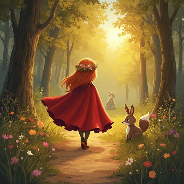 Ruby, with a crown of fresh flowers on her head, walks through the forest path on her way home. Animals she helped earlier, like the fox and the rabbit, wave at her cheerfully from the sidelines. Her red cape flows behind her as the golden evening light filters through the trees, creating a magical, storybook-like atmosphere.