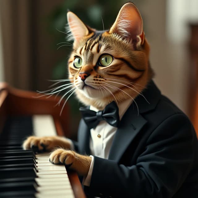 A cat in a tuxedo and bow tie with green eyes plays the piano