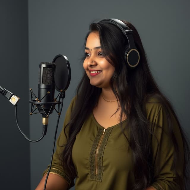 A Young chubby telugu girl age 20 that can recorded a Podcast in studio like speaking on mic and also there background dark gray but having some different key light in there studio, olive kurthi, she has long hair, (give me its side pose)