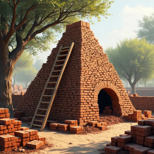 Create an outdoor scene featuring a traditional brick kiln used for firing clay bricks. The kiln should be made of stacked, mud-brick walls, forming a large pyramid-like structure. A slanted wooden ladder should lean against the side of the kiln, providing access to the top. The kiln should have openings at the base to allow for the firing process. Surround the kiln with piles of bricks, some stacked neatly, while others are scattered around. Include trees in the background, suggesting a rural or semi-rural setting, with sunlight filtering through the branches. The overall atmosphere should feel rustic, emphasizing the manual, labor-intensive process of traditional brick-making.