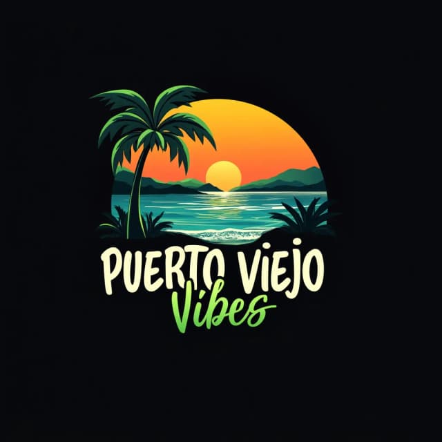 Create a modern and vibrant tropical logo that captures the essence of "Puerto Viejo Vibes" brand.
The design features a sunset over the ocean, with warm gradients of orange and yellow blending into the sky.
In the foreground, a silhouette of a gently curving palm tree frames the scene, adding depth.
Cool blues and teals form the ocean waves, while distant hills are shaded with lush, deep greens.
The typography should be clean, complementing the smooth curves of the landscape and natural elements. Use a black background to provide contrast and make the bright, tropical colors pop, evoking a lively beach atmosphere with an artistic touch.
The logotype words are: 'Puerto Viejo Vibes' in o e single line, without any other text before, after, above or below.