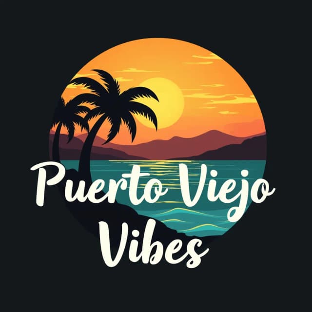 Create a modern and vibrant tropical logo that captures the essence of "Puerto Viejo Vibes" brand.
The design features a sunset over the ocean, with warm gradients of orange and yellow blending into the sky.
In the foreground, a silhouette of a gently curving palm tree frames the scene, adding depth. 
Cool blues and teals form the ocean waves, while distant hills are shaded with lush, deep greens.
The typography should be clean, complementing the smooth curves of the landscape and natural elements. Use a black background to provide contrast and make the bright, tropical colors pop, evoking a lively beach atmosphere with an artistic touch.
The logotype words are: 'Puerto Viejo Vibes' in one single line, without any other text before, after, above or below.