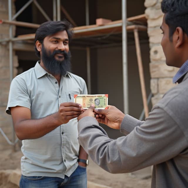 An Indian man handing a single Indian currency note to another person at a construction site, with scaffolding and bricks in the background. The focus is on the interaction between the two individuals, keeping the scene realistic and simple.