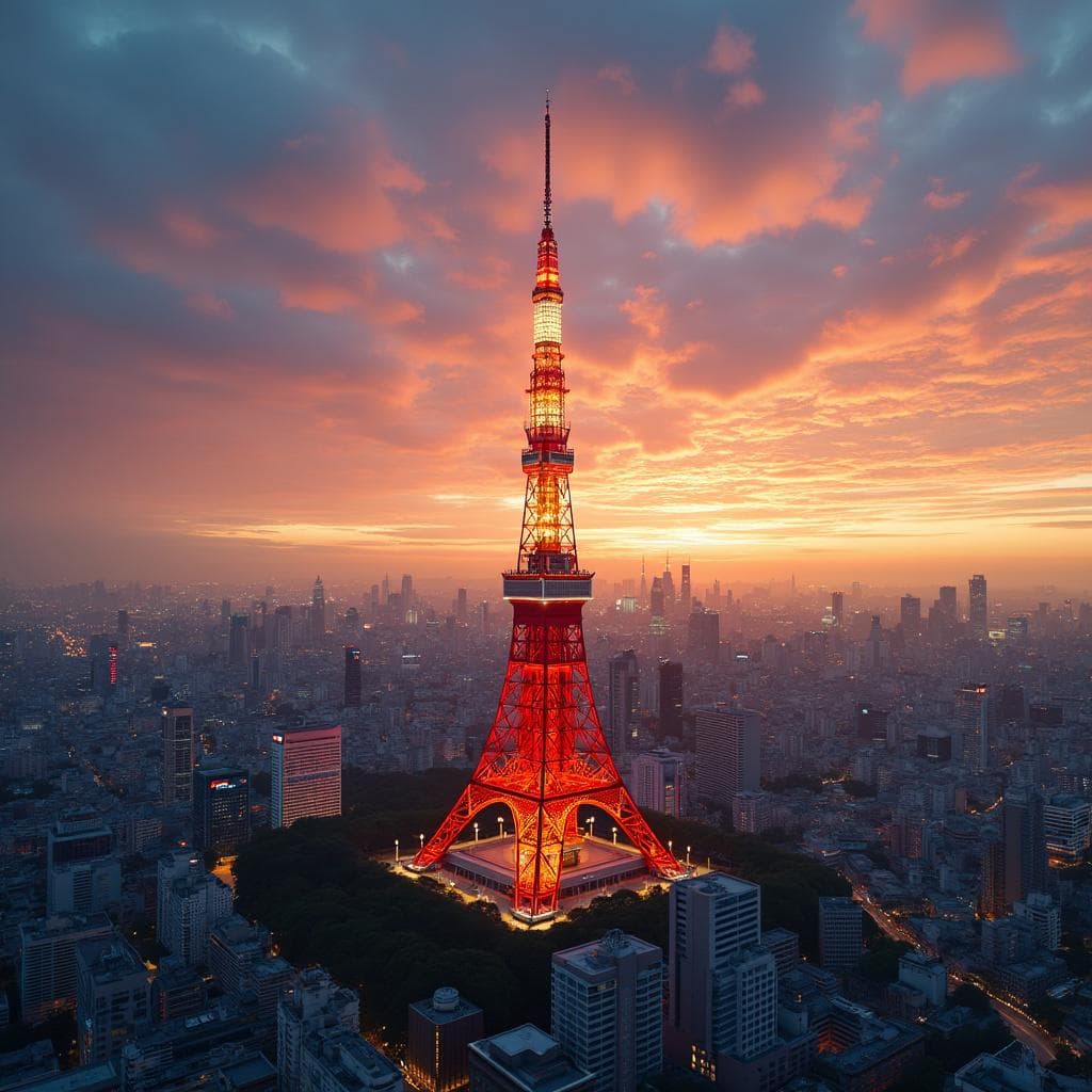 Create a stunning, detailed image of Wallpaper featuring the iconic Tokyo Tower.
- Style: Modern architectural artistry with a hint of traditional Japanese influence, photorealistic
- Setting: Urban Tokyo backdrop at sunset
- Lighting: Golden hour with dramatic highlights and shadows accentuating the tower's structure
- Mood: Awe-inspiring, majestic
- Color scheme: Warm sunset tones with contrasting reds and whites of the tower, deep blues of the twilight sky
- Composition: Central focus on Tokyo Tower, surrounded by a panorama of the Tokyo skyline, with a balance of nearby structures and distant cityscapes
High-quality 8K render, ultra-sharp focus, rich textures. No text or watermarks.