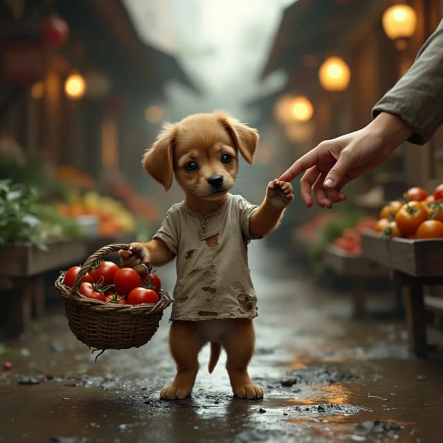 "A small, adorable brown puppy with big, innocent, teary eyes stands on its hind legs in a wet, narrow marketplace alley. The puppy wears a tattered, dirty white shirt with small holes, giving a sense of struggle and hardship. In one tiny paw, it carries a small woven basket filled with fresh, ripe red tomatoes, while the other paw reaches out to accept a coin from a kind human hand. The street is damp, reflecting the soft glow of market lights. Wooden stalls filled with vegetables and fruits line the alley, slightly blurred to focus on the puppy’s emotional expression. The atmosphere is warm yet melancholic, evoking deep emotions of empathy and kindness. Ultra-realistic, cinematic lighting and highly detailed textures make the scene feel incredibly lifelike."