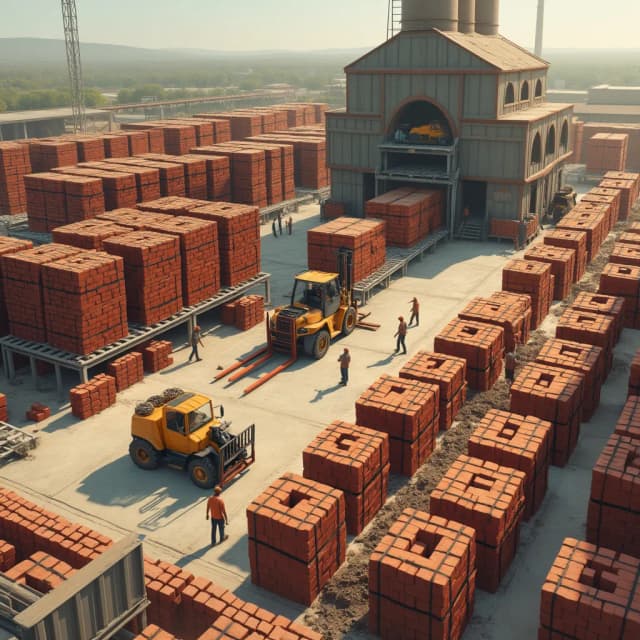 Create a detailed image depicting the process of de-hacking, where workers are unloading a kiln after the bricks have cooled. The scene should show bricks being sorted, graded, and packaged. Include self-contained, strapped cubes of bricks that are being loaded onto trucks or stored in a yard. The cubes should have visible openings designed for easy forklift handling. Some workers should be seen stacking the bricks, while forklifts move packages to storage or loading areas. The background should feature a large kiln structure, and the atmosphere should show a busy industrial yard with organized stacks of bricks ready for delivery