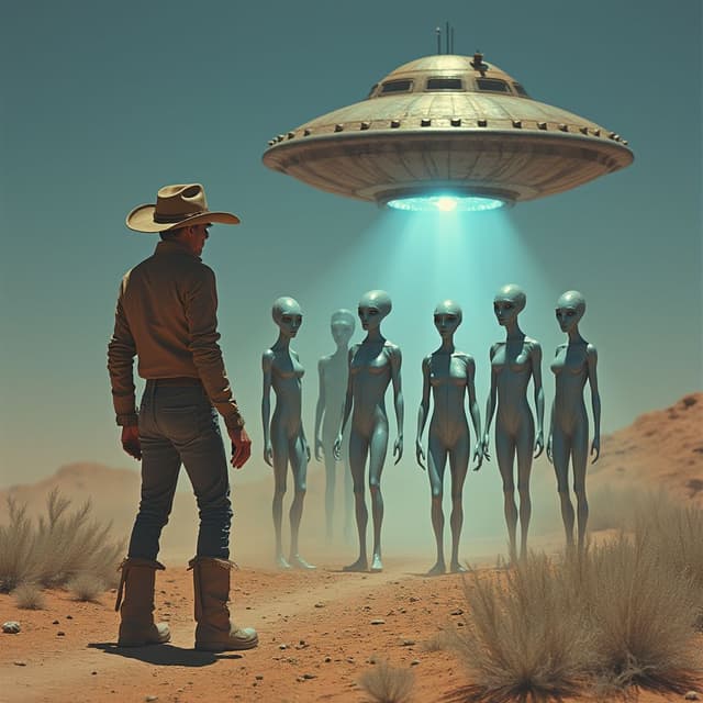 tall, gray-blue-skinned aliens stepping out from a beam of light beneath the UFO. Their shimmering space outfits contrast with the dusty, earthy scene. The prospector watches, stunned, as they approach. One alien gestures toward his pan, signaling their intent to help.