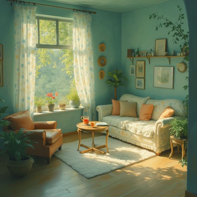 A warm and healing scene, a cozy room filled with soft lighting and comfortable furniture, Vincent Van Gogh, acrylic, Dreamy haze, Mint Green, aerial, high detail, --v 5