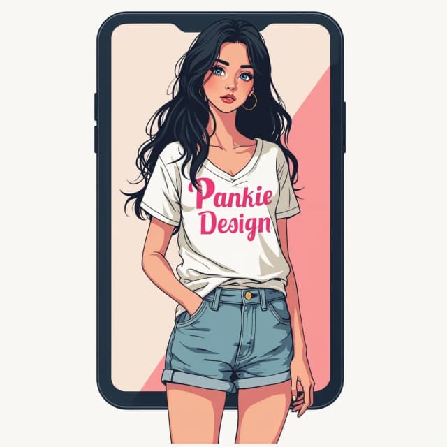 Create a minimalistic, vector-style logo featuring a stylized illustration of a woman with long, wavy black hair. She wears a white short-sleeved V-neck t-shirt emblazoned with bold pink letters 'PankieDesign' and denim shorts. The design shows her in a simplified, iconic form, positioned in front of an oversized smartphone screen that symbolizes digital creativity. The overall composition is clean and modern, with flat design elements and clear, bold lines, making it ideal for a fan page cover logo. The background should be simple or transparent to ensure the logo stands out, anime realistic.