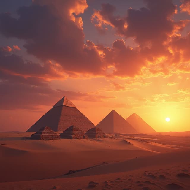 Concept:
A sunset over the Egyptian desert with the pyramids in the distance. The sky is vibrant with orange and purple hues, signaling an approaching change. The scene should feel vast and mysterious.
Details:
Pyramids in the background, glowing softly with a golden light.
A calm, empty desert with a few sand dunes.
The sky above is colorful, with shades of orange, red, and purple.
Faint silhouettes of Egyptian gods (like Horus or Osiris) can be suggested in the clouds.