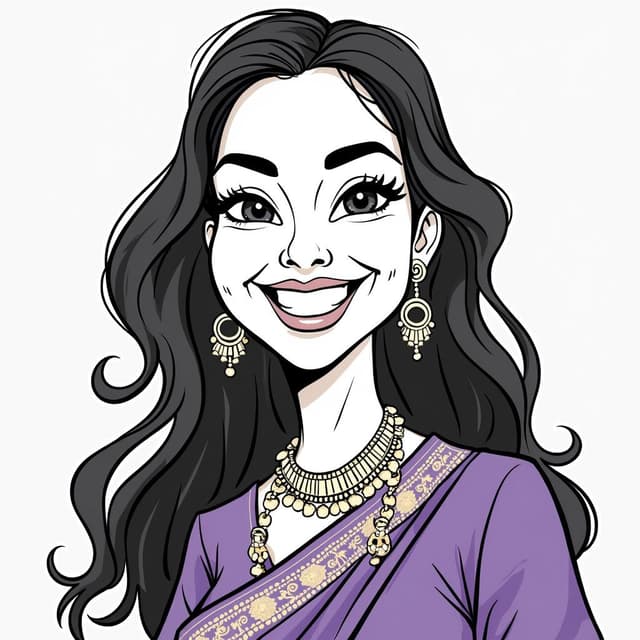 Create a black-and-white cartoon caricature line art of a smiling woman with long, dark hair. Emphasize her joyful expression by exaggerating her wide smile and the shape of her eyes. Include details like her traditional clothing with the distinctive purple and gold patterns, as well as the small nose ring. Simplify the overall design for a more stylized, cartoonish effect while maintaining the recognizable features of the subject. The background should be minimal or plain to keep the focus on the caricature
