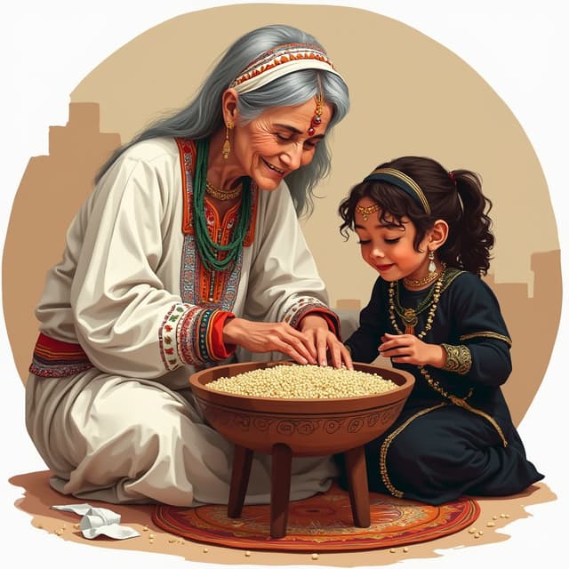 Design a vector art round logo of a slightly smiling traditional Amazigh grandmother and her 10 years old smiling granddaughter sitting on the ground, making couscous together. The grandmother, wearing white Amazigh clothing with red and orange and green and blue details and many traditional Amazigh jewelry on her face and hands and neck and on her forehead and with grey hair, is actively preparing couscous with her hands in a single very big flat and ancient simplified wooden container with amazigh details all around the container on a round brown traditional wooden table with three short legs and a white big napkin on it falling from the sides of the table and a big amazigh traditional colorful carpet. Beside her, very close to her, her dark brown hair granddaughter dressed in a traditional amazigh black clothes with intricate golden details and light Amazigh jewelry on her face and the other hand is holding a traditional mudd jar of water, is helping in a playful yet respectful manner. The couscous on the table is depicted in vivid detail, highlighting its texture and richness, but with minimal additional elements around it.