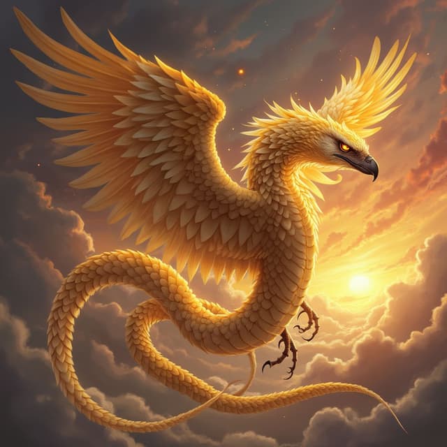 A mythical hybrid of an eagle and a serpent, called the 'Skyfang.' This creature has the body of a snake, covered in golden feathers that shimmer like sunlight, with massive eagle wings extending from its sides. Its head is an intricate blend of a serpent's sharp fangs and an eagle’s fierce beak, with glowing amber eyes that pierce through the skies. The Skyfang coils in mid-air, its powerful wings stirring up a whirlwind. The background is a fiery sunset with storm clouds swirling, symbolizing the union of air and earth into a strange and majestic being.