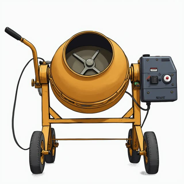 Create a high-quality illustration of a powered portable mortar mixer with a paddle. The mixer should have a sturdy metal frame, showing a compact design suitable for easy transportation. The main drum should be positioned horizontally with an open top, allowing for easy addition of cement, sand, and water. The paddle inside the drum should be visible, showing the rotating mechanism that mixes the materials. The mixer should have visible wheels for mobility, a handle for steering or pulling, and an attached electric motor that powers the paddle. Include a power cord for connection, emphasizing the portability and ease of use in construction settings