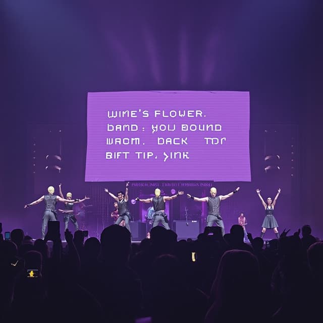 Purple ocean kings bts
Giving their back to the screen. Purple pic, authestic purple, purple ocean kings written on it 
Wild flower band written on it