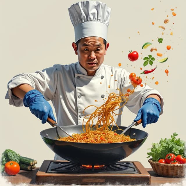 A hyperdetailed photorealistic pencil sketch of an Asian chef cooking stir fry on a wok. He is holding the wok by the handles with blue potholders and tossing noodles, vegetables, and cooking oil into the air. This is captured with high speed photography so the ingredients are frozen in time. The image is zoomed in on the chef, who is facing the camera. The noodles and vegetables are colored.