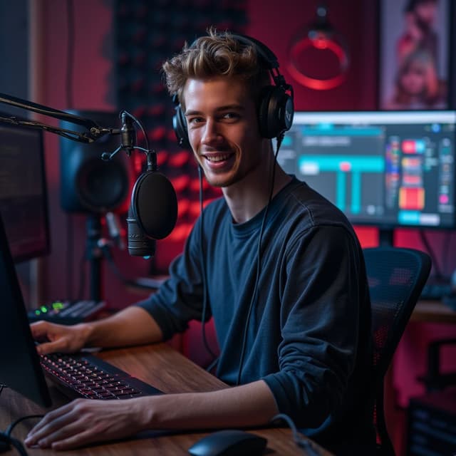 A USA hot Young man that can Podcast in a studio there background was dark but having some different key light in there studio