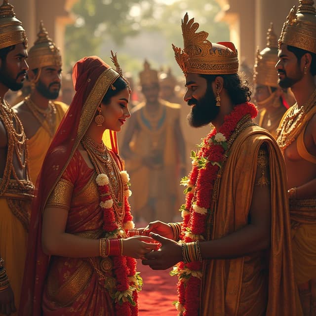 The Royal Wedding: "A grand wedding ceremony, with the Chera princess and the Kongu king exchanging garlands, surrounded by their royal courts.
