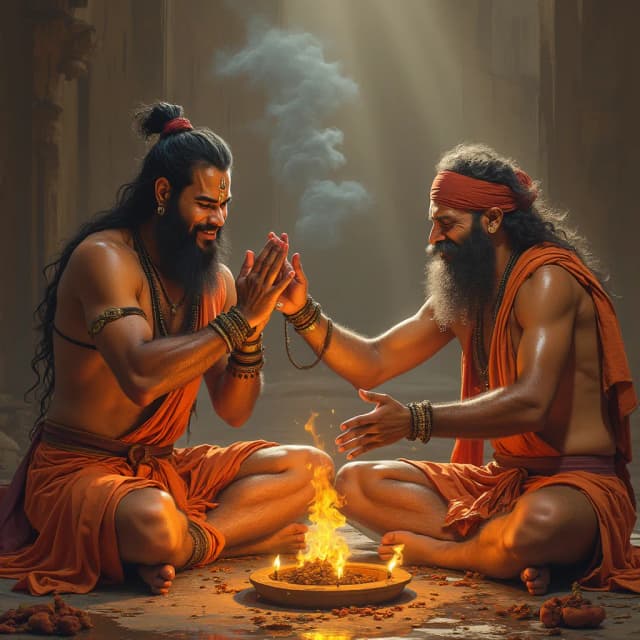 (Visual: Hanuman interrupts the meditations of great Rishis, playfully tugging at their beards and disturbing their Yagnas.)
