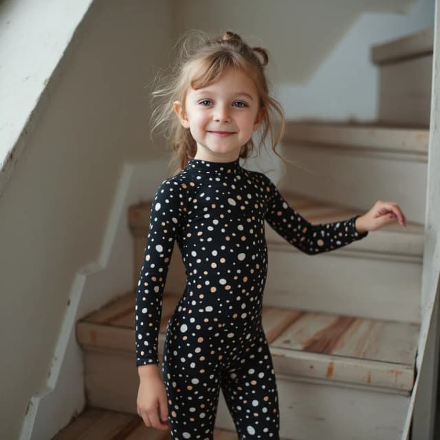 ,6yo   finnish    skinny child  model  The most beautiful,thin,most pretty and clever   lycra unitard catsuit covered with spots.She always wear civet lycra dancewear stretchy covered with many spots..She goes up the stairs.