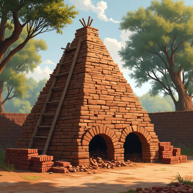 Create an outdoor scene featuring a traditional brick kiln used for firing clay bricks. The kiln should be made of stacked, mud-brick walls, forming a large pyramid-like structure slightly coverd by mud. A slanted wooden ladder should lean against the side of the kiln, providing access to the top. The kiln should have openings at the base to allow for the firing process. Surround the kiln with piles of bricks, some stacked neatly, while others are scattered around. Include trees in the background, suggesting a rural or semi-rural setting, with sunlight filtering through the branches. The overall atmosphere should feel rustic, emphasizing the manual, labor-intensive process of traditional brick-making.