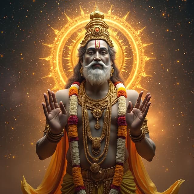 The same divine figure of Lord Ayyappan, but now his eyes are open, glowing with wisdom and divinity. His gaze exudes calmness, clarity, and compassion as if blessing the world. Add a background of celestial stars and a glowing cosmic wheel behind him to symbolize universal power.