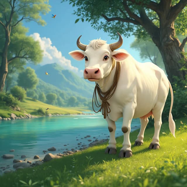 Camera Angle: Wide-angle shot, slightly low angle
Character Prompt:
• Sacred White Cow: A majestic, pure white cow with a serene and compassionate expression. Its large, kind eyes reflect peace and innocence. The cow stands calmly, swishing its tail gently as it grazes on the fresh green grass. A thick rope is tied around its neck, securing it to a sturdy tree.
Background Prompt:
• A lush green field near a crystal-clear river, reflecting the bright blue sky. Small pebbles are visible beneath the shallow water.
• The area is surrounded by a dense forest with tall trees and thick canopies swaying gently in the breeze.
• Distant mountains stretch across the horizon, their peaks faintly covered in mist.
• Small, colorful birds sit on nearby branches, chirping sweetly.
Atmosphere Prompt:
• The air carries a cool and refreshing breeze.
• The gentle sounds of chirping birds and flowing water create a peaceful ambiance.
• The earthy scent of damp soil and fresh grass fills the air.
• Sunlight filters through the trees, casting a warm golden glow on the ground.